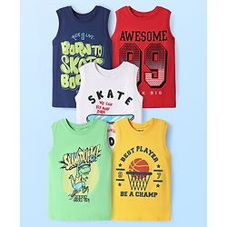 Pine Kids Cotton Knit Sleeveless Tank T-Shirts with Sport Theme Print Pack of 5 - Red White & Navy Blue