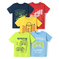 Pine Kids Cotton Knit Half Sleeves T-Shirts with Gamer Theme Text Print Pack Of 5 - Red Yellow & Navy Blue