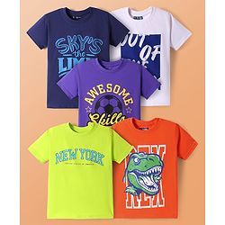 Pine Kids Cotton Knit Half Sleeves T-Shirts with Dino & Text Print Pack Of 5 - White Orange & Purple