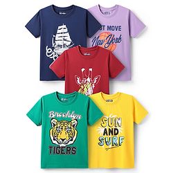 Pine Kids Cotton Knit Half Sleeves T-Shirts With Sun & Surf Text Print Pack of 5 - Plum Yellow & Navy Blue
