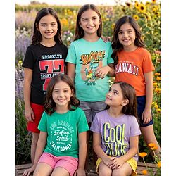 Pine Kids Cotton Knit Half Sleeves T-Shirts With Cool Dude Text Print Pack of 5 - Plum Orange & Light Blue