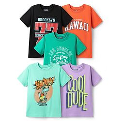 Pine Kids Cotton Knit Half Sleeves T-Shirts With Cool Dude Text Print Pack of 5 - Plum Orange & Light Blue