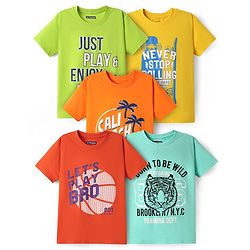 Pine Kids Cotton Knit Half Sleeves T-Shirt with Lets Play Hard Text Print Pack of 5 - Yellow Orange & Red