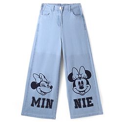 Pine Kids Disney Denim Knit Full Length Light Wash Wide Leg  Jeans with Minnie Mouse Graphics -Light Blue