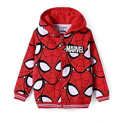 Pine Kids Marvel Terry Knit Full Sleeves Front Open Hooded Spider Man Printed Sweatshirt - Red