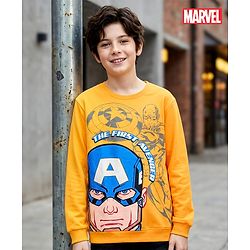 Pine Kids Marvel Terry Knit Full Sleeves Drop Shoulder  Sweatshirt with Captain America Graphics - Yellow