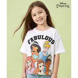 Pine Kids Disney Single Jersey Knit Half Sleeves Drop Shoulder Oversized T-Shirt with Disney Princes Graphics - White