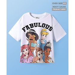 Pine Kids Disney Single Jersey Knit Half Sleeves Drop Shoulder Oversized T-Shirt with Disney Princes Graphics - White