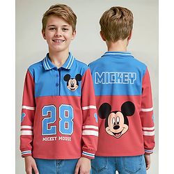Pine Kids Disney Single Jersey Knit Full Sleeves Cut & Sew Polo T-Shirt with Front & Back Mickey Mouse Graphics - Red & Blue