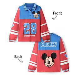 Pine Kids Disney Single Jersey Knit Full Sleeves Cut & Sew Polo T-Shirt with Front & Back Mickey Mouse Graphics - Red & Blue