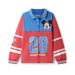 Pine Kids Disney Single Jersey Knit Full Sleeves Cut & Sew Polo T-Shirt with Front & Back Mickey Mouse Graphics - Red & Blue