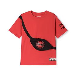 Pine Kids Marvel Light Weight Terry Knit Half Drop Shoulder Sleeves T-Shirt with Functional Bag Applique & Spider Man Print - Red