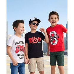 Pine Kids Cotton Knit Half Sleeves T-Shirt with Text Print Pack of 3 - White Black & Red