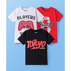 Pine Kids Cotton Knit Half Sleeves T-Shirt with Text Print Pack of 3 - White Black & Red
