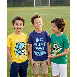 Pine Kids Cotton Knit Half Sleeves T-Shirt with Text Print Pack of 3 - Yellow Navy Blue & Green