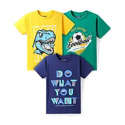 Pine Kids Cotton Knit Half Sleeves T-Shirt with Text Print Pack of 3 - Yellow Navy Blue & Green