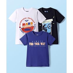 Pine Kids Cotton Knit Half Sleeves T-Shirt with Text Print Pack of 3 - White Blue Black
