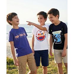 Pine Kids Cotton Knit Half Sleeves T-Shirt with Text Print Pack of 3 - White Blue Black