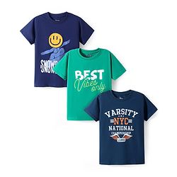 Pine Kids Cotton Knit Half Sleeves T-Shirt with Text Print Pack of 3 - Navy Blue & Mint