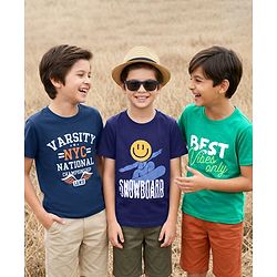 Pine Kids Cotton Knit Half Sleeves T-Shirt with Text Print Pack of 3 - Navy Blue & Mint