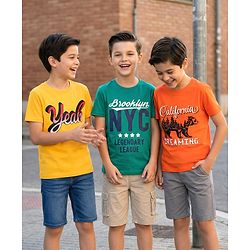 Pine Kids Cotton Knit Half Sleeves T-Shirt with Text Print Pack of 3 - Orange Yellow & Teal Blue