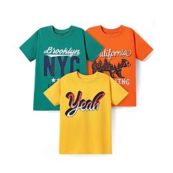 Pine Kids Cotton Knit Half Sleeves T-Shirt with Text Print Pack of 3 - Orange Yellow & Teal Blue