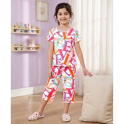 Pine Kids Single Jersey Knit Half Sleeves Night Suit With Text Print - White