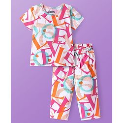 Pine Kids Single Jersey Knit Half Sleeves Night Suit With Text Print - White
