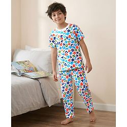Pine Kids Single Jersey Knit Half Sleeves Night Suit With Alphabet Print - White
