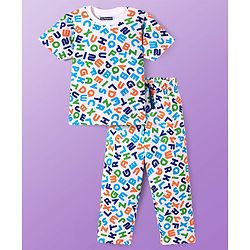 Pine Kids Single Jersey Knit Half Sleeves Night Suit With Alphabet Print - White