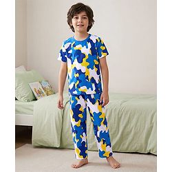 Pine Kids Single Jersey Knit Half Sleeves Night Suit With Camouflage Print - White