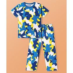 Pine Kids Single Jersey Knit Half Sleeves Night Suit With Camouflage Print - White