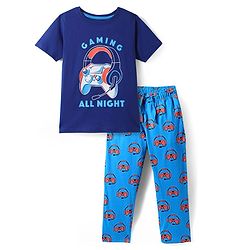Pine Kids Single Jersey Knit Half Sleeves Night Suit With Gaming Controller & Headphones Print - Navy Blue