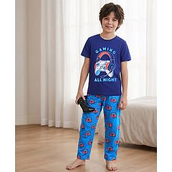 Pine Kids Single Jersey Knit Half Sleeves Night Suit With Gaming Controller & Headphones Print - Navy Blue