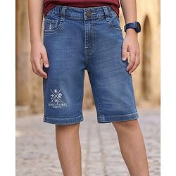 Pine Kids Denim Woven Above Knee Length Washed Shorts with Good Vibes Embroidery - Blue
