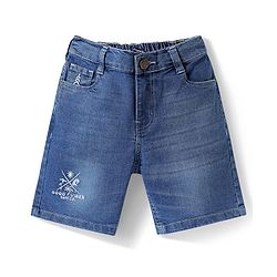 Pine Kids Denim Woven Above Knee Length Washed Shorts with Good Vibes Embroidery - Blue