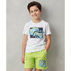Pine Kids Cotton Knit Half Sleeves T-Shorts & Shorts Set with Gaming Print - White & Lime