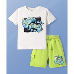 Pine Kids Cotton Knit Half Sleeves T-Shorts & Shorts Set with Gaming Print - White & Lime