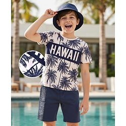 Pine Kids Cotton Knit  Half Sleeves  T-Shirt & Shorts Set with Hawaii Text Print - Navy Blue
