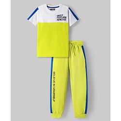 Pine Kids Cotton Woven Half Sleeves Cut & Sew Designed T-Shirt & Lounge Pant Set with Text Print - White & Lime Green
