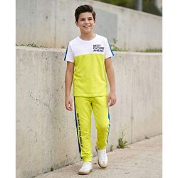 Pine Kids Cotton Woven Half Sleeves Cut & Sew Designed T-Shirt & Lounge Pant Set with Text Print - White & Lime Green