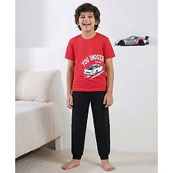 Pine Kids Single Jersey Knit Half Sleeves Night Suit With Car Print - Red