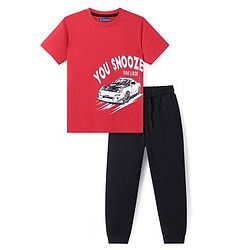 Pine Kids Single Jersey Knit Half Sleeves Night Suit With Car Print - Red