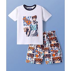 Pine Kids Single Jersey Knit Half Sleeves Shorts Night Suit With Rugby Ball Print - White