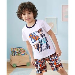 Pine Kids Single Jersey Knit Half Sleeves Shorts Night Suit With Rugby Ball Print - White