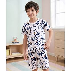 Pine Kids Single Jersey Knit Half Sleeves Shorts Night Suit with Ship Print - White