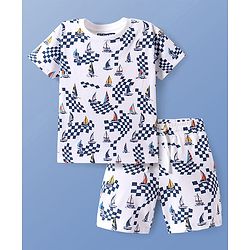 Pine Kids Single Jersey Knit Half Sleeves Shorts Night Suit with Ship Print - White
