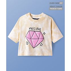 Pine Kids Cotton Knit Half Drop Shoulder Sleeves T-Shirt with Text Print - Peach