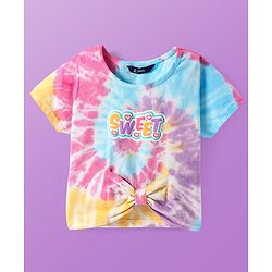 Pine Kids Cotton Knit Half Sleeves Text Printed T-Shirt with Bow Detailing - Pink Blue & Yellow