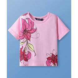 Pine Kids Cotton Knit Half  Sleeves T-Shirt with Floral Print - Pink
